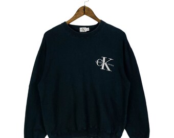 Vintage Calvin Klein Crewneck Sweatshirt Made In USA Embroidery Small Logo Black Pullover Jumper Size M