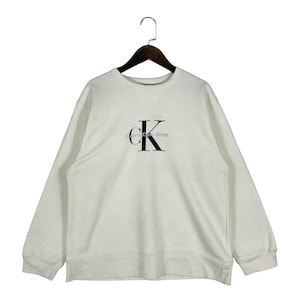 Vintage 90s Calvin Klein Crewneck Sweatshirt Made In USA Beige Big Logo Pullover Jumper Size M