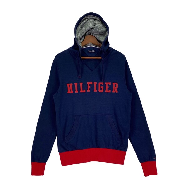 Vintage Tommy Hilfiger Hoodie Sweater Big Logo Navy Blue Excellent Condition Pullover Jumper Size S