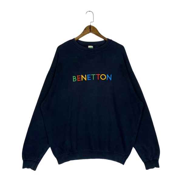 Vintage United Colors Of Benetton Sweatshirt Crewneck Multicolor Logo Embroidery Blue Pullover Jumper Size XL