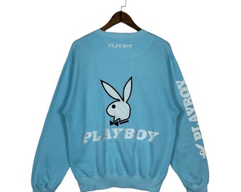 Vintage Playboy Sweatshirt Crewneck Spellout Big Logo Embroidered Blue Pullover Jumper Size M