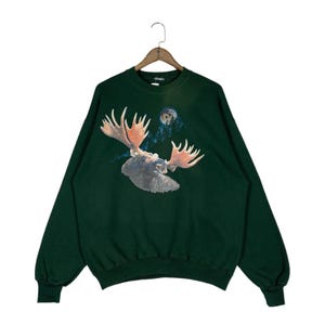 Vintage 90s Moose Sweatshirt Crewneck Green Pullover Jumper Size XL