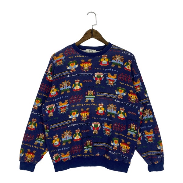 Vintage 90s Acute All Over Print Sweatshirt Crewneck Made In Japan Blue Pullover Jumper Size M