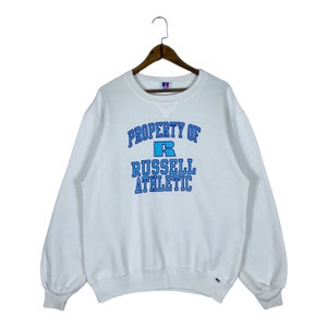 Vintage Russell Athletic Sweatshirt Crewneck White Big Logo Made In USA Pullover Jumper Size L