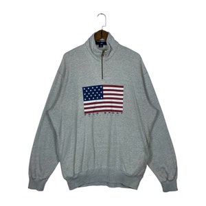 Vintage 90s Polo Sport Ralph Lauren US  Flag Quater Zip Sweatshirt Made In Hong Kong Grey Pullover Jumper Size L