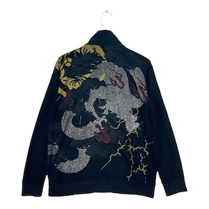 Vintage Sukajan Dragon Motif Zipper Up Sweatshirt Japanese Traditional Pullover Jumper Size M