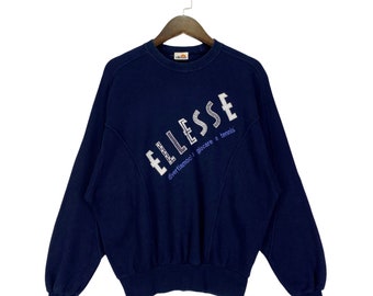 Vintage 90s Ellesse Italia Sweatshirt Crewneck Embroidery Big Logo Navy Blue Stonewash Pullover Jumper Size S