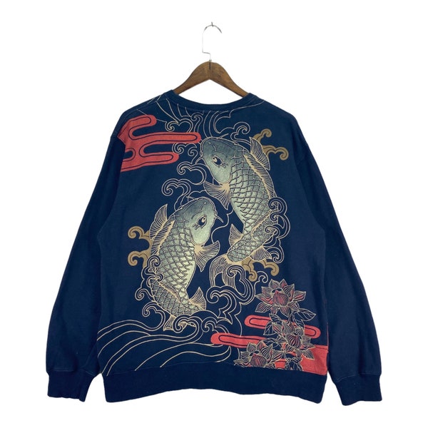 Vintage Sorridere Sukajan Fish Koi Crewneck Sweatshirt Japanese Traditional Pullover Jumper Size L