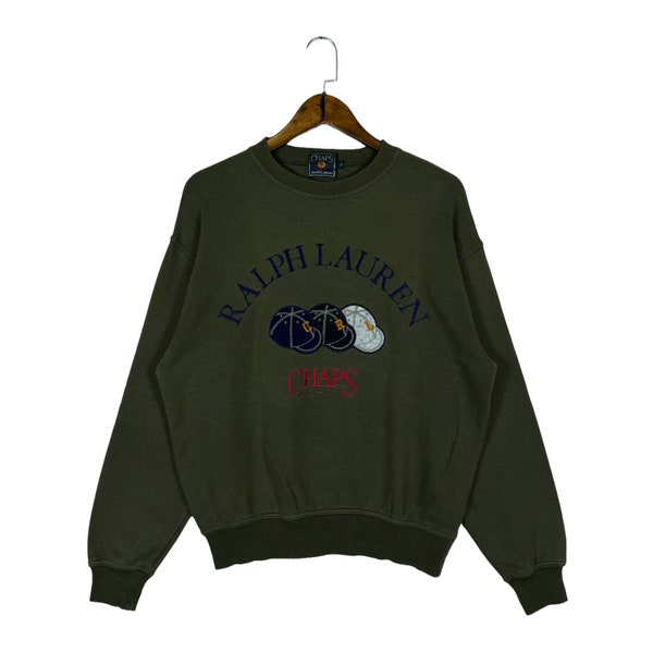 Vintage Chaps Ralph Lauren Crewneck Sweatshirt Big Logo Embroidery Olive Green Made In Indonesia Pullover Jumper Size M