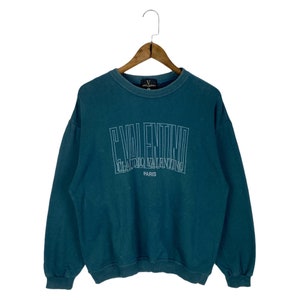 Vintage Claudio Valentino Paris Sweatshirt Crewneck Big Logo Embroidery Green Pullover Jumper Size L