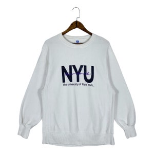 Felpa girocollo vintage New York University X GU, bianca, con grande logo, taglia M
