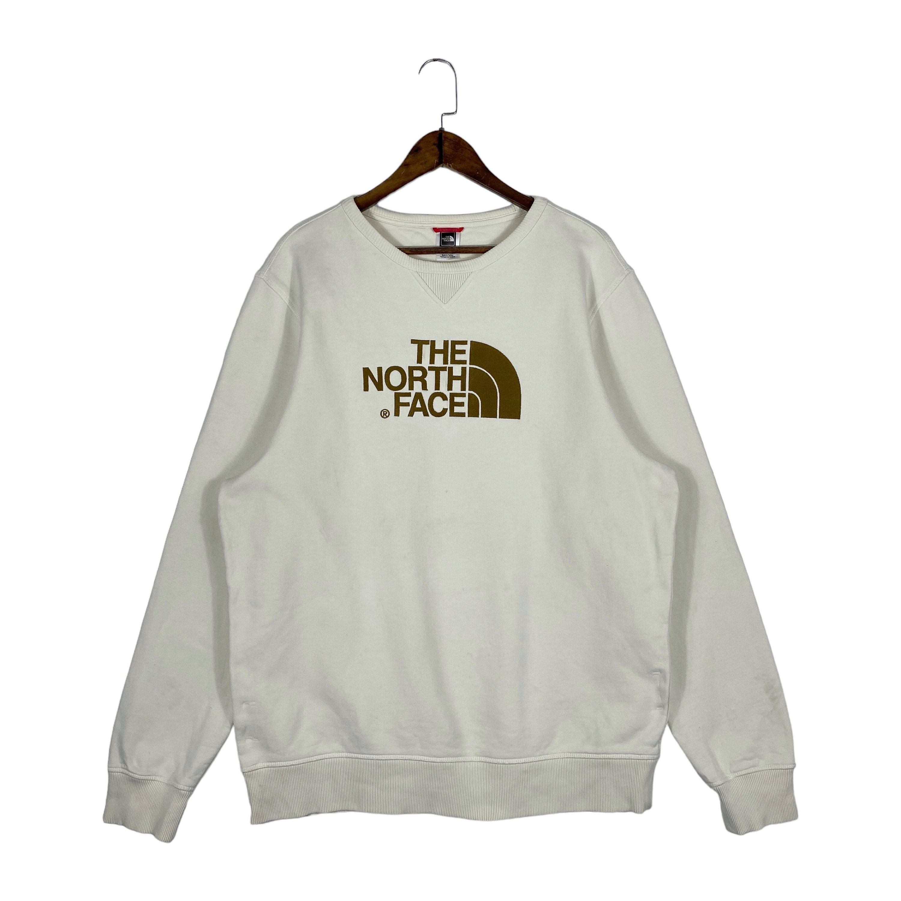 Vintage The North Face Crewneck Sweatshirt Big Logo Embroidery Beige Made In Turkey Pullover Jumper Size XL