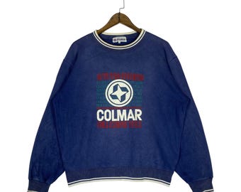 Vintage 90s Colmar Italy Sweatshirt Crewneck Big Logo Blue Sun Faded Pullover Jumper Size L