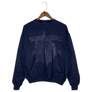 Vintage 90s Trussardi Maglie Crewneck Big Logo Navy Blue Made In Italy Pullover Jumper Size M