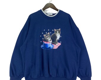 Vintage 90s Kitten In The Cup Sweatshirt Crewneck Blue Big Logo Pullover Jumper Size M