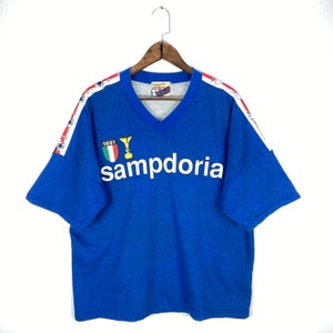 Vintage 90s Unione Calcio Sampdoria Vneck Shortsleeve Asics Big Logo Sweater Size XL