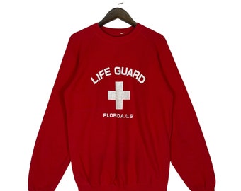 Vintage 80s Life Guard Florida Sweatshirt Crewneck Red Big Logo Pullover Jumper Size M