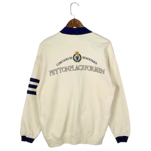 Vintage Peyton Place For Men Cardigan Sweater Beige Big Logo Embroidered Pullover Jumper Size M