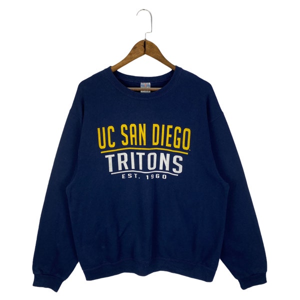 Vintage UC San Diego Tritons Sweatshirt Crewneck Big Logo Spellout Navy Blue Pullover Jumper Size L