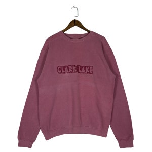 Vintage 90s Clark Lake Sweatshirt Crewneck Red Stonewashed Embroidery Big Logo Pullover Jumper Size L