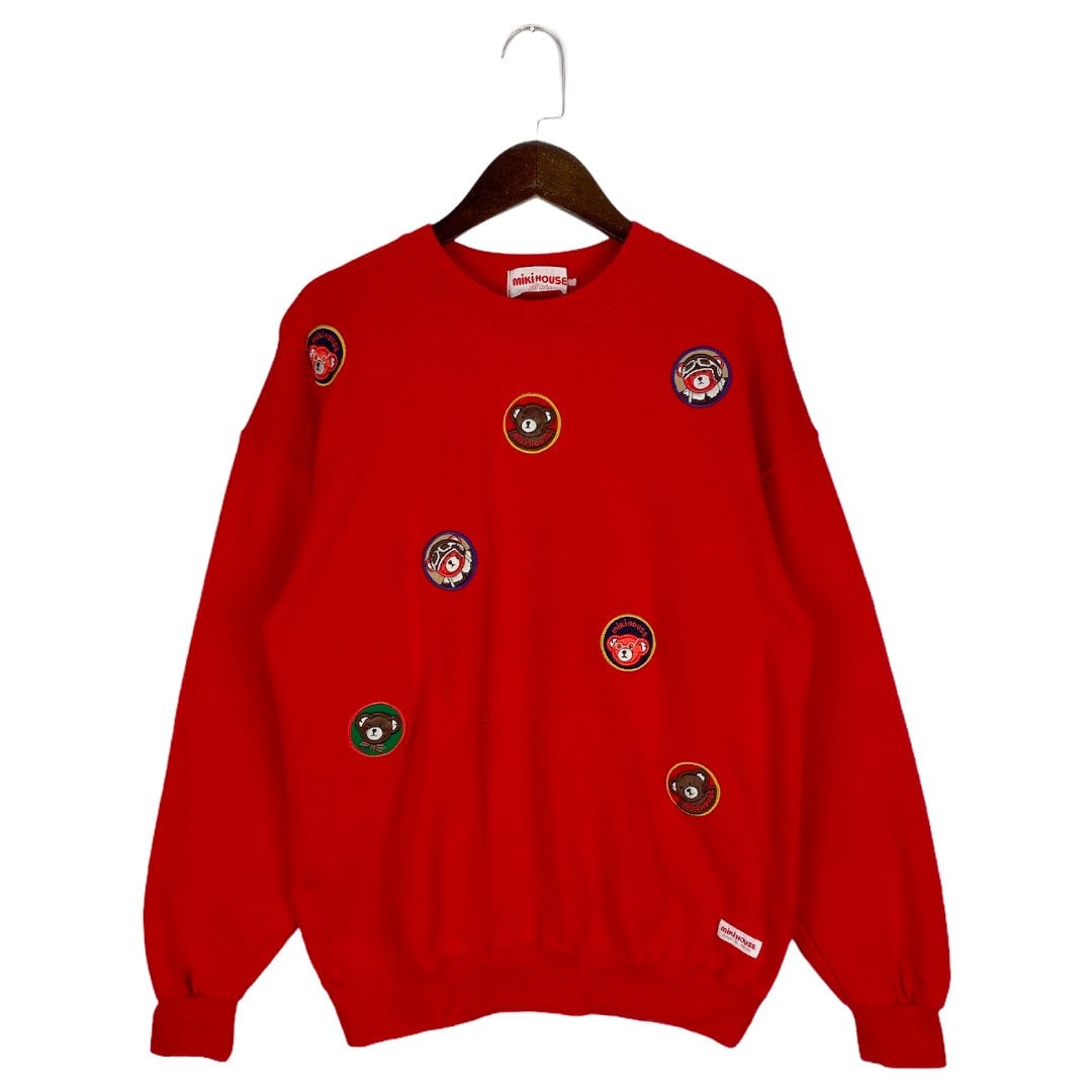 Vintage Miki House Sweatshirt Crewneck Embroidery Bear Patch Red Made In Japan Pullover Jumper Size M