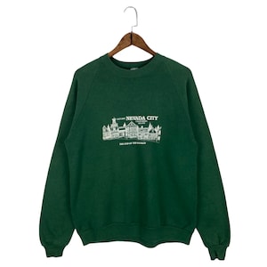Vintage 90s Nevada City Crewneck Sweatshirt Green Big Logo Made In USA Pullover Jumper Size XL