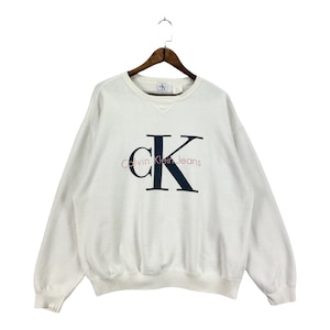 Vintage 90s Calvin Klein Crewneck Sweatshirt Made In USA White Big Logo Pullover Jumper Size L