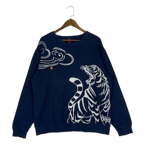 Vintage Sukajan Tigers Crewneck Sweatshirt Japanese Traditional Navy Blue Pullover Jumper Size L