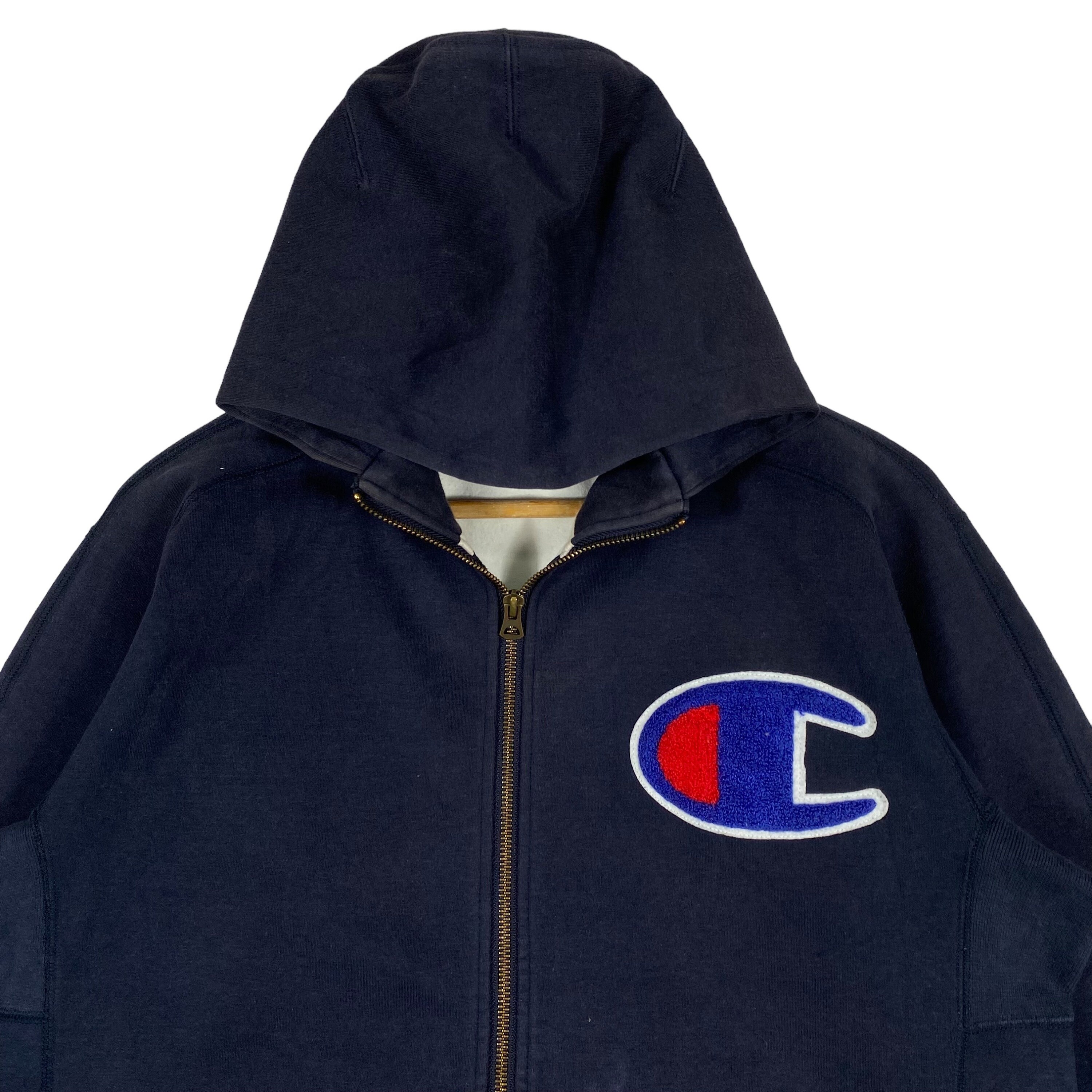 Vintage Champion Big C Full Zip Hoodie Sweater Navy Blue Carpert