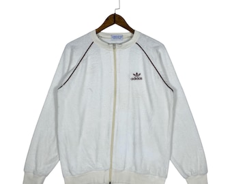 Vintage 90s Adidas Sweatshirt Crewneck Velour Velvet White Small Logo Embroidery Pullover Jumper Size M