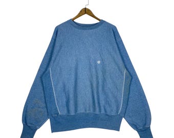 Vintage 90s Champion Reverse Weave Sweatshirt Blue Small Logo Embroidery Logo Pullover Jumper Size L