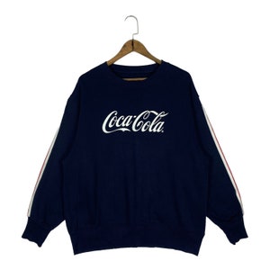 Vintage Coca Cola Classic Side Tape Sweatshirt Crewneck Big Logo Navy Blue Pullover Jumper Size L