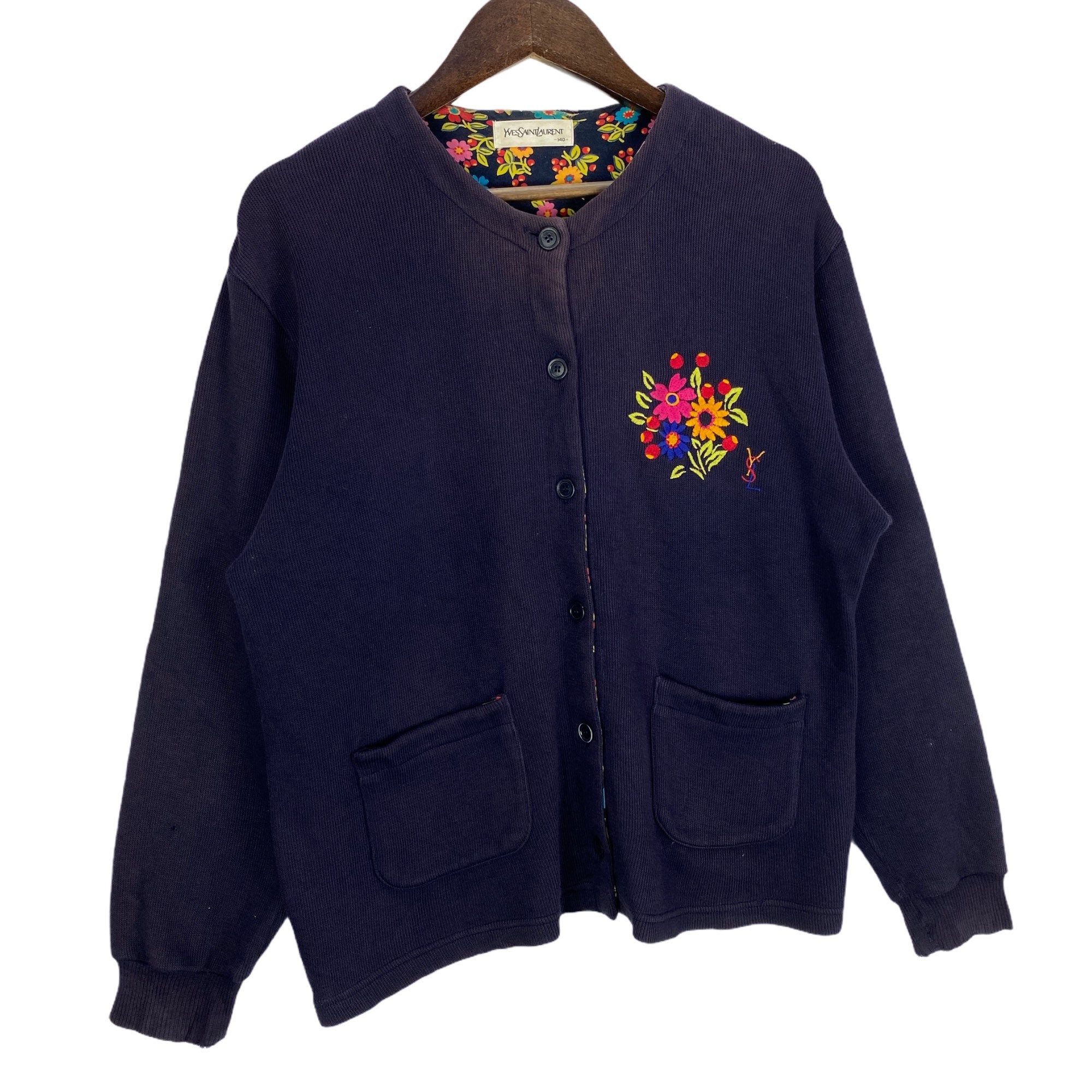 YSL カーディガン ロゴ刺繍 アーガイル コットン ボタン刻印 vintage YSL カーディガン ロゴ刺繍 アーガイル コットン ボタン刻印