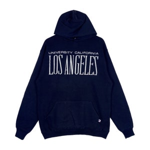 Vintage 90s University California Los Angeles Hoodie Sweater Made In USA Navy Blue Pullover Jumper Size L