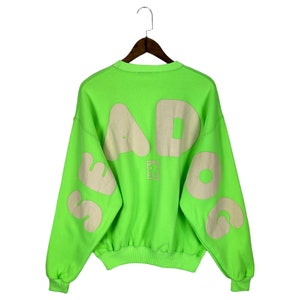 Vintage Seadog Sports Beach Bum Crewneck Sweatshirt Made In Japan Big Logo Neon Green Pullover Jumper Size L