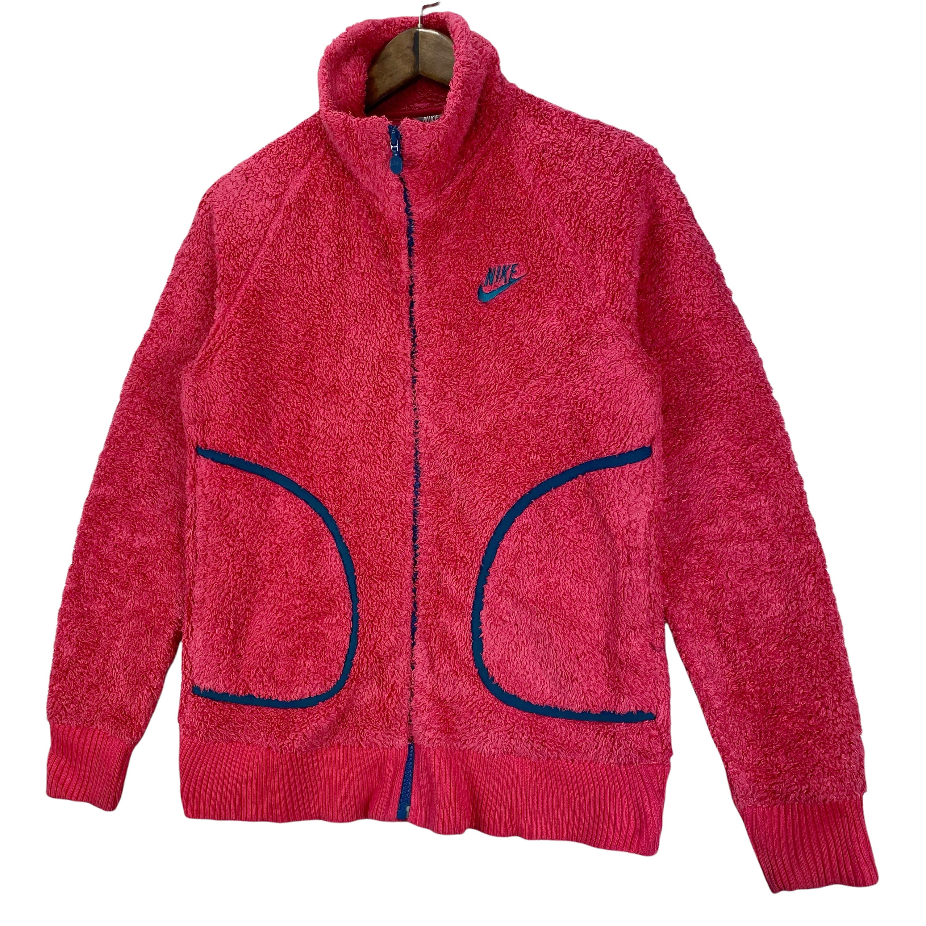 Vintage Nike Swoosh Fluffy Fleece Full Zip Sweater Jacket Embroidery Small  Logo Pink Pullover Jumper Size L 