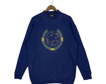 Vintage 90s Hunting World Sweatshirt Crewneck Embroidery Big Logo Made In Italy Blue Pullover Jumper Size L