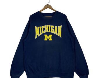 Vintage University Of Michigan Crewneck  Sweatshirt Navy Blue Big Logo Pullover Jumper Size L