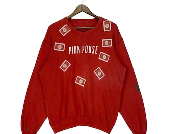 Vintage Pink House Sweatshirt Crewneck Full Patches Print Japanese Brand Pullover Jumper Size L