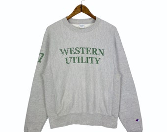 Vintage Champion Reverse Weave Western Utility Sweatshirt Grey Big Logo Pullover Jumper Size S