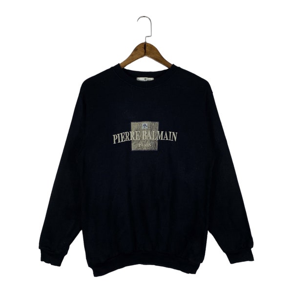 Vintage Pierre Balmain Paris sudadera Crewneck bordado gran logotipo negro jersey tamaño M