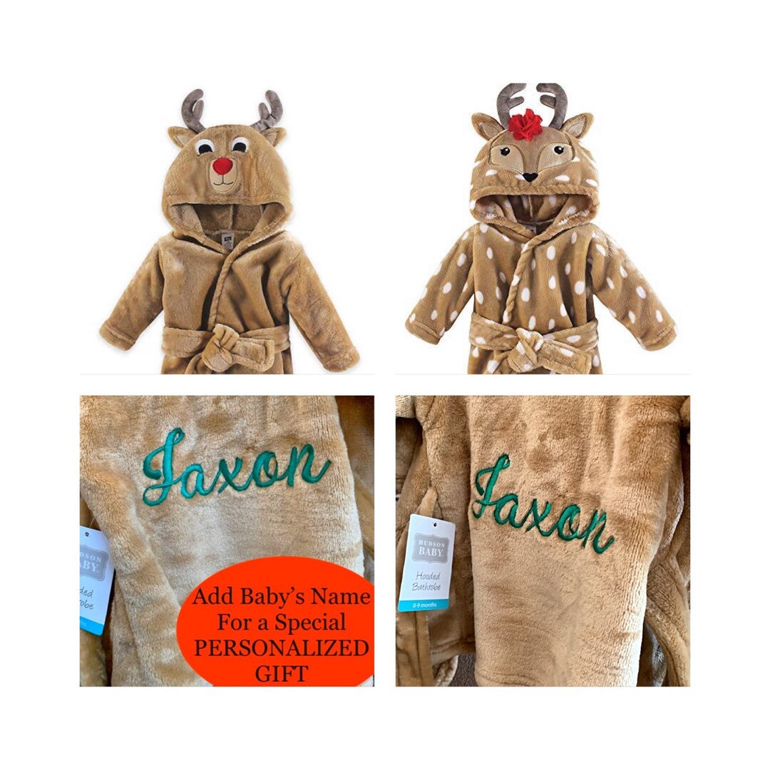 Christmas Baby Reindeer Robe Plush Soft Gift Embroidered Personalized Name Infant Newborn Bath ...