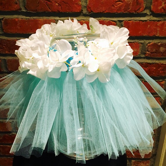 Blue Matte Teal White Flower Tutu, White Flower Waistband, Flower