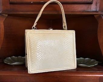 Vintage 60s color beige falsa piel de cocodrilo caja de mano superior
