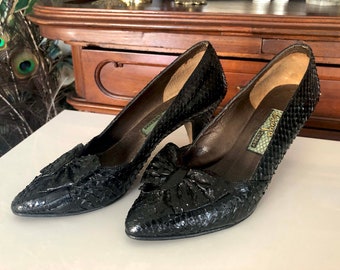 Vintage echt slangenhuid leer HANDGEMAAKTE boog hakken schoenen pomp