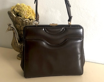 60s Elegant Vintage brown leather top handle box bag