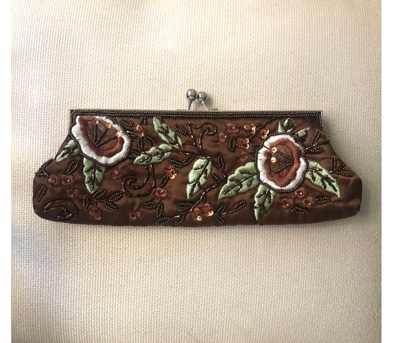 Vintage 60s MOD brown satin floral embroidery han… - image 1