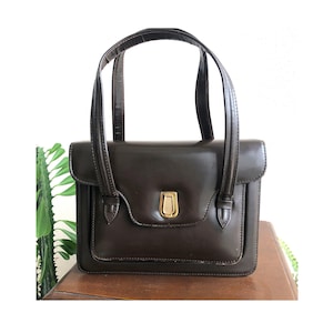 50s 60s Vintage Brown Leather Box Handbag // top handle bag with gold buckle detail