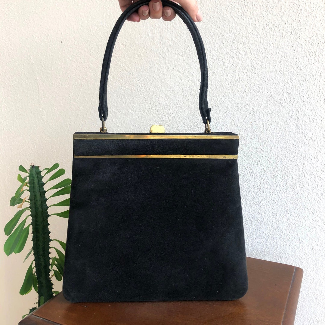 Vintage Black Suede Top Handle Square Bag With Gold Details Etsy