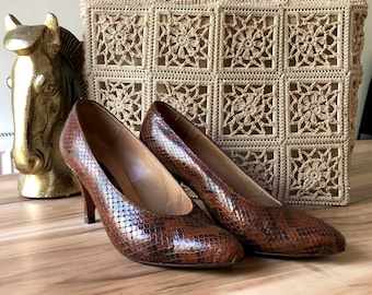 80s Vintage Laurent Mercadal Snakeskin Pumps, Handmade Leather Heels (EU36)